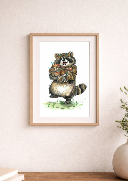 Waschbär mit Pilzen - Fine Art Print